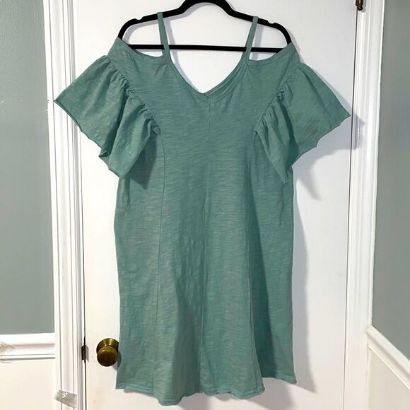 Bottle green cold shoulder flutter sleeve princess seam dress size Large - Picture 1 of 8